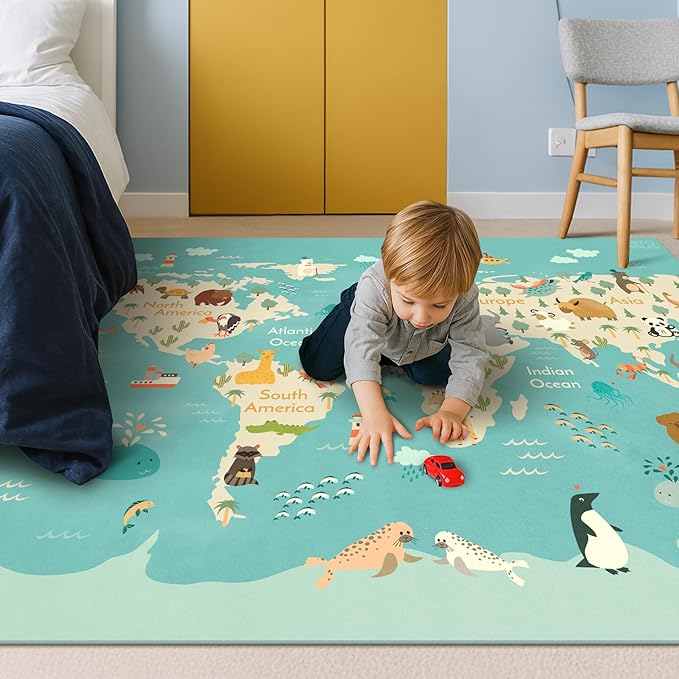 4x6 World Map Kids Rug with Animals – Educational Washable Play Mat for Toddlers, Cute Global Animal, Featuring Continents & Native Wildlife Carpet for Bedroom or Classroom - Blue