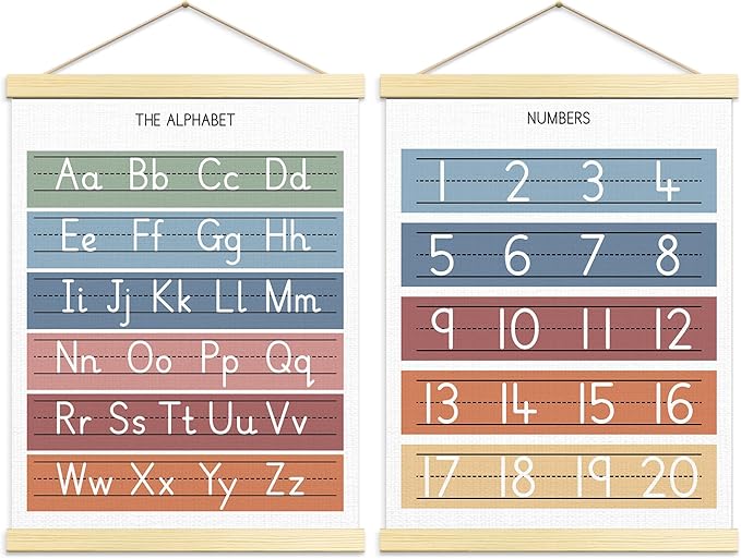 Numbers ABC Wall Chart for Toddler Learning Posters, Nursery Wall Decor Playroom Wall Decor and Alphabet Banner,Preschool &Homeschool Wooden Alphabet Poster for Toddlers-B05