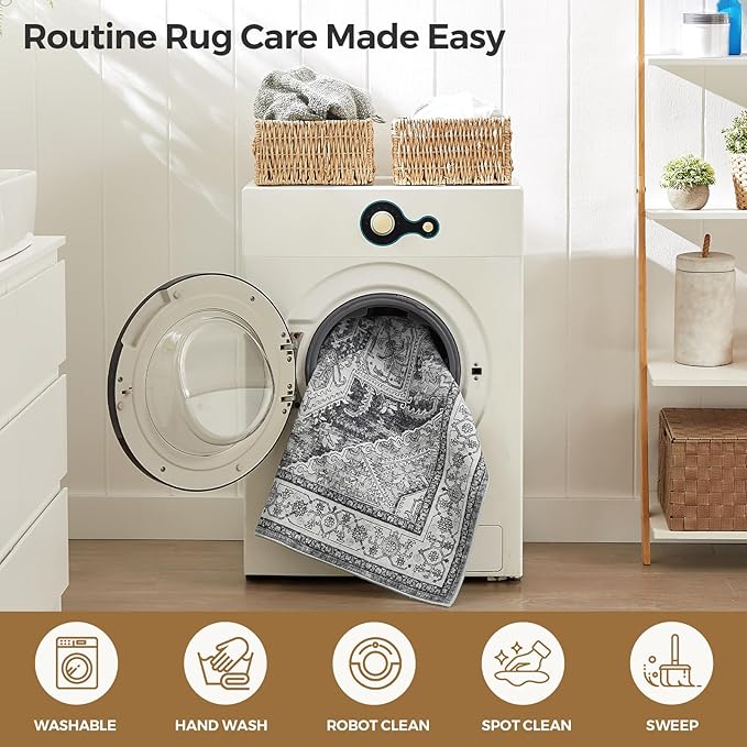 WITSHOCK Gray Living Room Rugs 12x15: Washable Vintage Boho Distressed Soft Non-Slip Low Pile Stain Resistant Foldable Carpet for Bedroom Playroom Dining Room Office, Thin Accent Farmhouse Home Decor