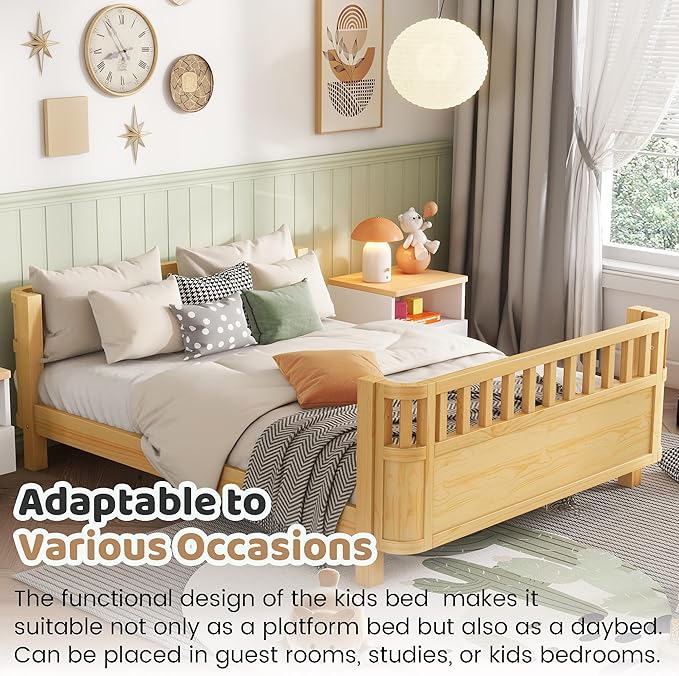 Full Size Bed Frame Kids with Rails, Wood Montessori Bed Full with Slats Support, Modern Daybed Low to Ground with Removable Bed Rails for Girls Boys Bedroom Living Room, Natural