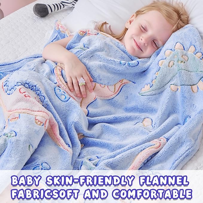 inhand Dinosaur Gift Toys for Kids Glow in The Dark Dinosaur Blanket for Boys Girls Fluffy Cozy Fleece Kids Blanket Birthday Christmas Halloween Easter Child Gifts Blue 50"x60"