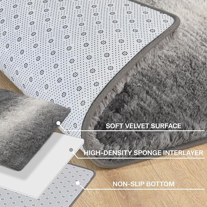 Meralax Gradient 5x8 Grey Rugs for Living Room Bedroom, Machine Washable Soft Fluffy Shaggy Gray Bedside Rug, Indoor Floor Carpet for Kids Girls and Boys, Dorms, Nursery Rooms, Home Decor Aesthetic