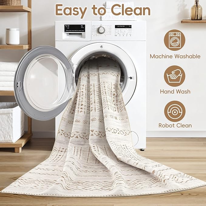 Area Rugs for Living Room Washable Living Room Rug Soft Neutral Indoor Floor Carpet Non-Slip Stain Resistant Modern Boho Rugs for Bedroom Dining Room Kids Room Nursery Office Home Brown/Cream