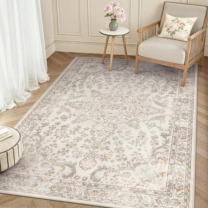 Wonnitar Vintage 5x7 Washable Rug, Neutral Rugs for Living Room Decor, Beige Non Slip Ultra-Thin Soft Boho Floral Room Carpet for Bedroom Nursery Dining Room Farmhouse Office Home Décor
