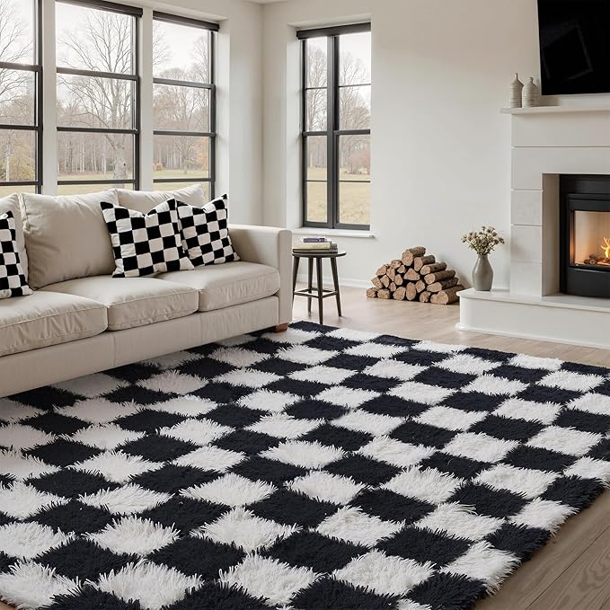 Checkered Rug 9x12 for Living Room, Black and White Modern Shag Super Soft Washable Fluffy Rugs Indoor Fuzzy Carpet for Bedroom Home Dorm Aesthetic Decor