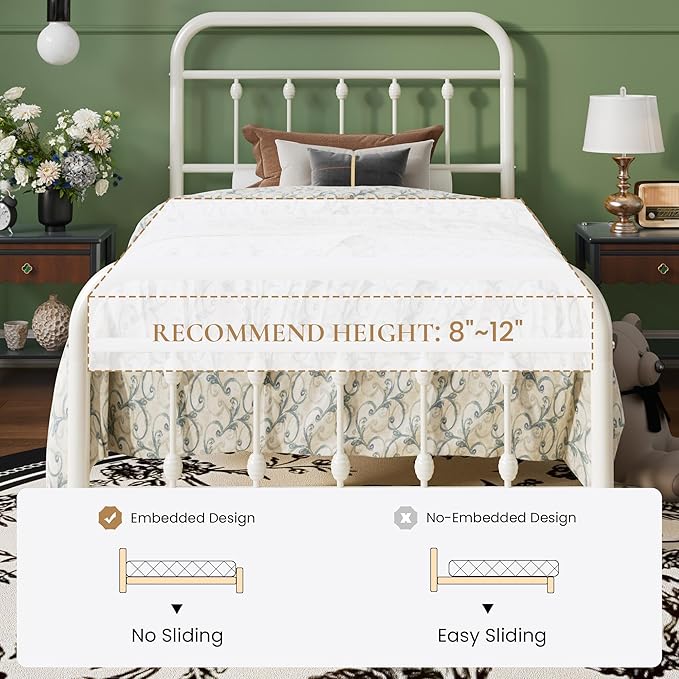 SHA CERLIN Twin Size Metal Platform Bed Frame with Victorian Style Iron-Art Headboard and Footboard, Easy Assembly, Under Bed Storage, No Box Spring Required, White