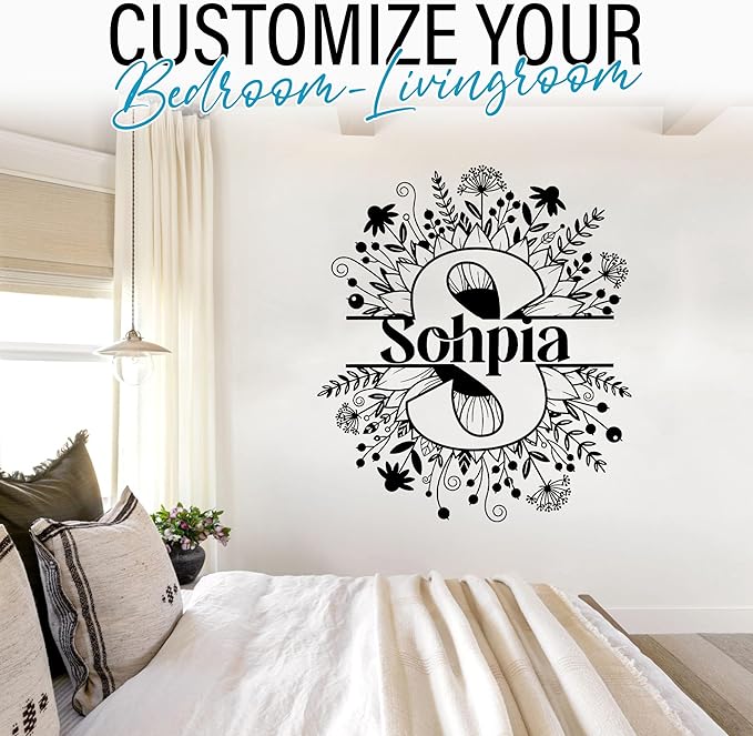 Custom Sunflower Name Wall Decal Personalized Name Letter Floral Lover Transparent DTF Vinyl Removable Nursery Wall Decals for Baby Kids Room, Teen Bedroom, Window, Cute Home Decor Gifts