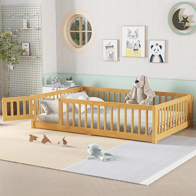 Harper & Bright Designs Full Floor Bed with Safety High Fence, Wood Montessori Bed with Door, Full Size Floor Beds with Solid Wood Support Slats for Boys, Girls, Kids, Natural