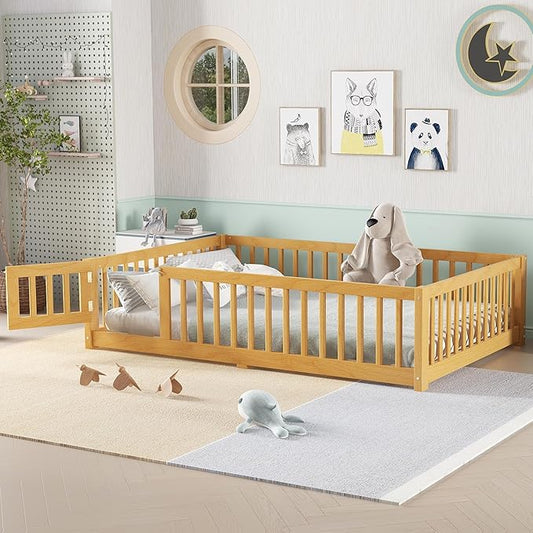 Harper & Bright Designs Full Floor Bed with Safety High Fence, Wood Montessori Bed with Door, Full Size Floor Beds with Solid Wood Support Slats for Boys, Girls, Kids, Natural