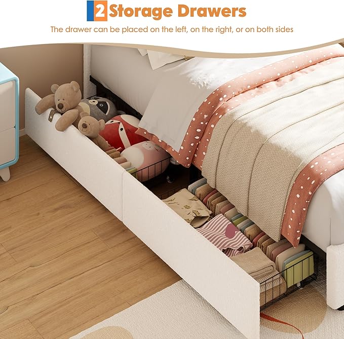 Garvee Princess Twin Size Bed Frame with 2 Storage Drawers & LED Lights, Upholstered Platform Bed with Rainbow Headboard for Kids/Girls, Solid Wood Slats Support, No Box Spring Needed, White