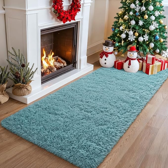 Merelax Soft Fluffy Rugs for Bedroom Living Room, 2x6 Hallway Runner Rugs, Furry Shag Bedside Area Rug Indoor Accent Floor Carpet, Plush Fuzzy Rug for Dorm Nursery Kids Room Decor, Turquoise Green