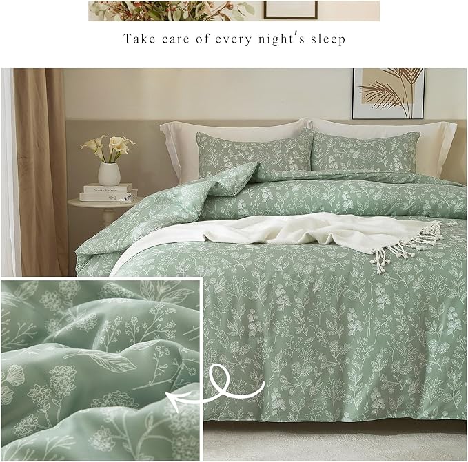 HighBuy Girl Floral Duvet Cover Twin Size Green Botanical Bedding Set with 2 Pillowcases Cozy Soft Cotton Comforter Cover Aesthetic Boho Duvet Cover Set