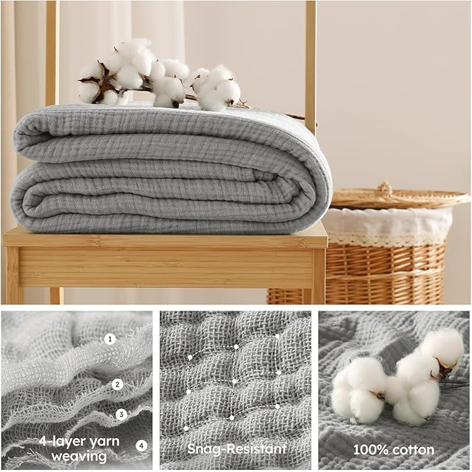 100% Cotton Muslin Blanket Queen Size 90" x 90" for Bed Couch Summer Gauze Blanket for Adults Lightweight and Breathable Grey