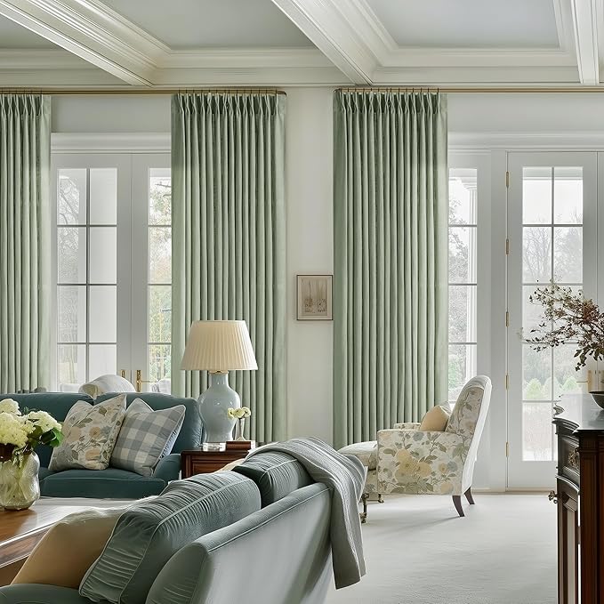 Sage Green Linen Curtains Pinch Pleated 84 Inches Long for Living Room Bedroom Pleat with Rings Back Tab Semi Sheer Curtains 84 Inch Length 2 Panels Set Light Filtering Farmhouse Drapes Light Green