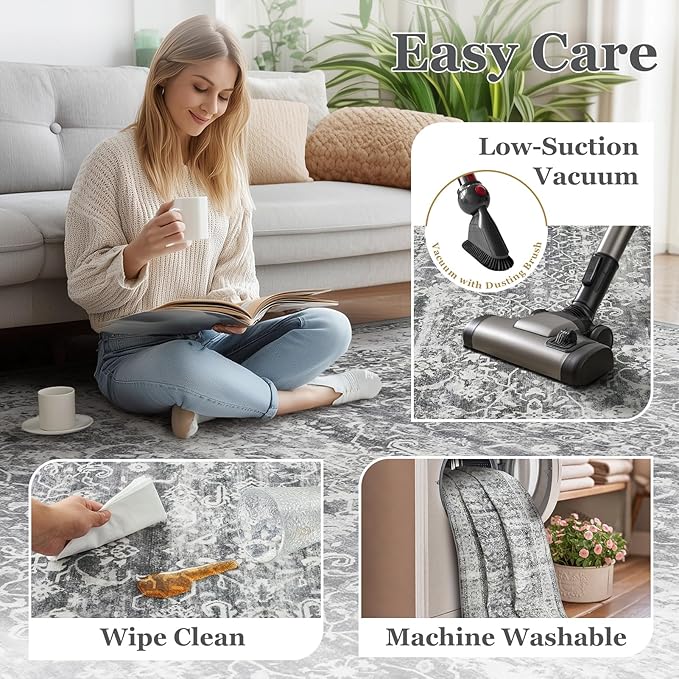 Grey 5x7 Area Rugs for Living Room Bedroom, Washable Non Slip Low Pile Thin Soft Carpet Rugs for Dining Room/Kitchen/Home Office/Nursery, Vintage Neutral Gray with Accents