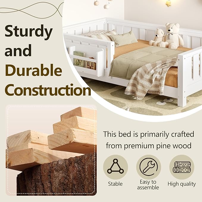 Bellemave Twin Floor Bed with Slats and Safety Guardrail, Twin Size Montessori Floor Bed with Fence and Built-in Bookshelf, Easy Assemble Montessori Beds for Kids, Girls, Boys, White