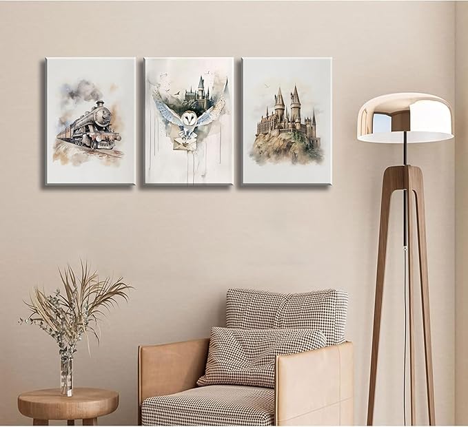 3pcs Magic Nursery Canvas Wall Art Express Train Owl Magic Castle Painting Picture Wall Decor Neutral Watercolor Poster Print Artwork For Kids' Baby Nursery Living Room Decoration Framed