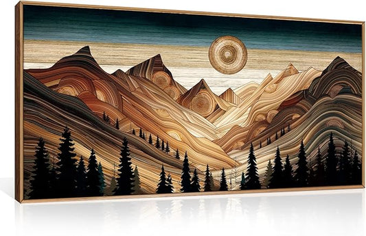 HLNIUC Large Mountain Wall Art, Tree Ring Wood Nature 40"x20" Framed Wall Decor, Rustic Desert Canvas Painting, Brown Abstract Landscape Art Print for Living Room, Bedroom, Office