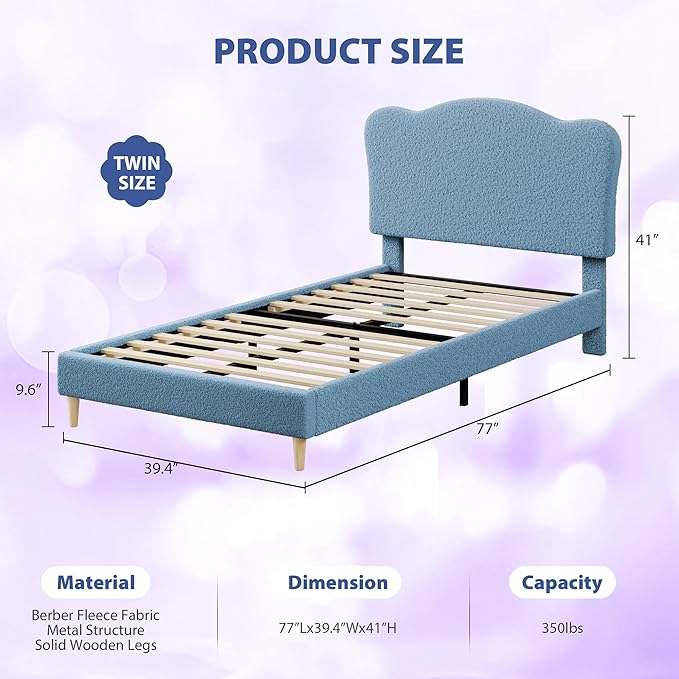 GarveeHome Upholstered Twin Size Bed Frame for Kids with Scallop Headboard, Cute Velvet Twin Bed for Girls, Boys, Sturdy Platform Bed, No Box Spring Needed, Wooden Slats, Noise Free, Blue