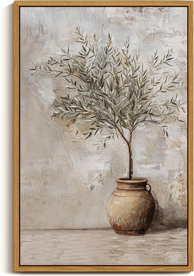 ARPEOTCY Vintage Framed Canvas Wall Art, 16x24 Inch, Large Classic Olive Tree in Vessel Prints for Home Decor, Botanical Still Life Paintings Hanging Wall Art for Bedroom, Living Room, Office