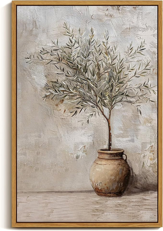 ARPEOTCY Vintage Framed Canvas Wall Art, 16x24 Inch, Large Classic Olive Tree in Vessel Prints for Home Decor, Botanical Still Life Paintings Hanging Wall Art for Bedroom, Living Room, Office