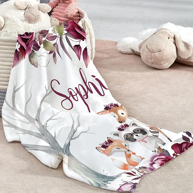 Custom Baby Crib Bedding Set - Rose Animal Design Personalized Name Baby Nursery Bedding 3 Pcs Set - Chic Soft Blanket, Fitted Sheet, Room Rug for Newborns Boys Girls Gifts