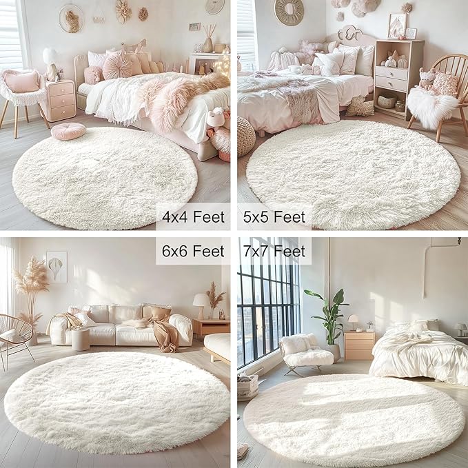 OLANLY Ivory Round Rugs for Bedroom - Machine Washable, 5 ft Circle Area Rugs for Living Room, Soft and Fluffy Shaggy Carpet for Teen Girls and Boys, Nursery Rooms, Dorms, Home Decor Aesthetic