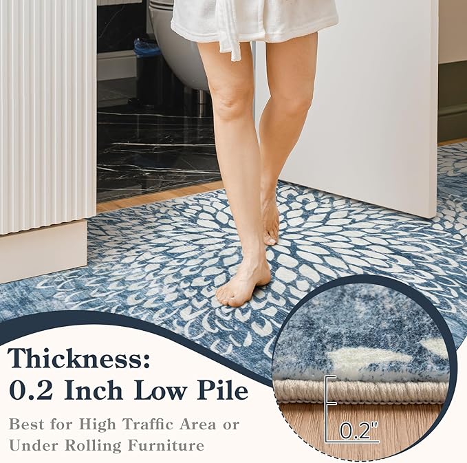 Dahlia Washable Runners for Hallways, 2x6 Blue Floral Kitchen Runner Rug,Non Slip Low Plie Hallway Rug,Boho Soft Non Shedding Carpet Runner for Bathroom Bedroom Laundry,Blue