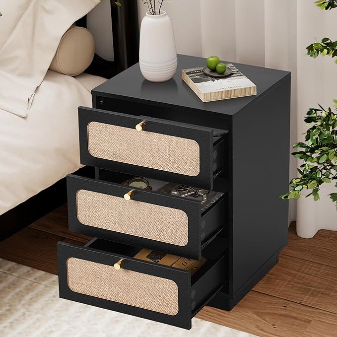 Modern Black Wood Nightstand Set of 2, 16" Small Night Stand with 3 Storage Drawer for Bedroom, Farmhouse Linen Decor Side End Table for Bedside, Living Room, Home Office (Black)