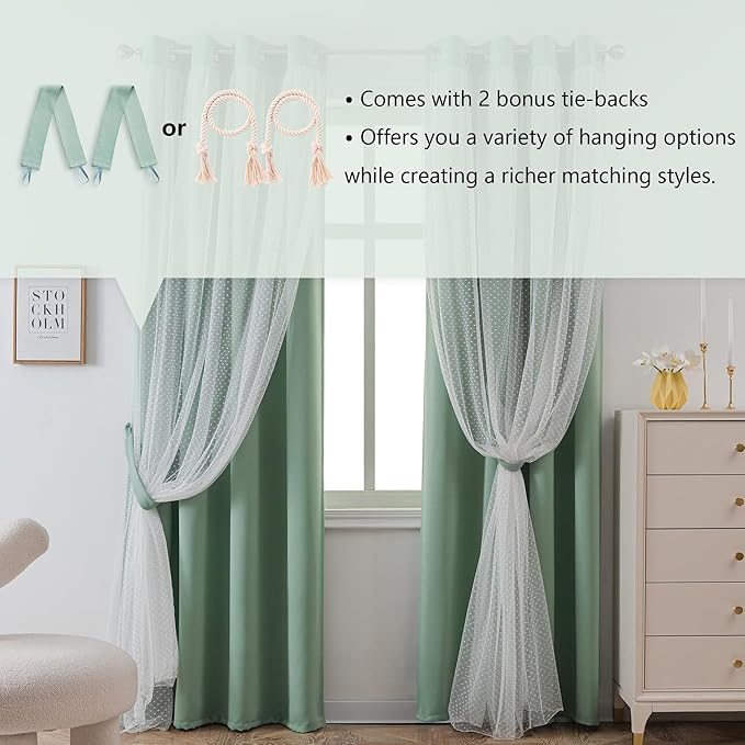 MYSKY HOME Curtains for Girls Bedroom & Nursery Kids Green Cute Curtains Double Layer with Polka Dots Sheer, Grommet Tops, 52x95 Inch Each Panel, 2 Panels