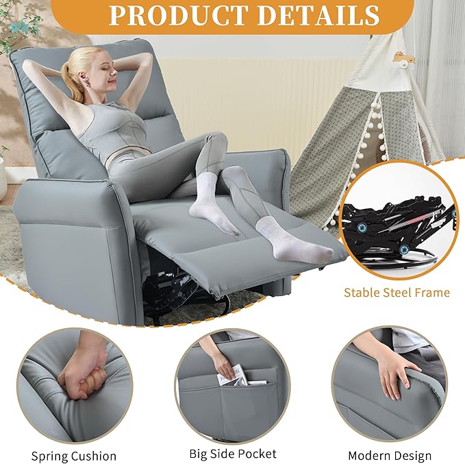 Glider Chair for Nursery, 360° Swivel Rocker Recliner with Side Pocket, Leather Manual Rocking Chair for Living Room, Bedroom, Small Spaces