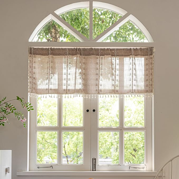Deeprove Boho Valance Kitchen Short Curtain with Tassel, Textured Striped Drape Tier Embroidered Shabby Chic Linen Coffee Window Treatment for Cafe Closet, W52 x L18 inch Rod Pocket 1 Panel Natural