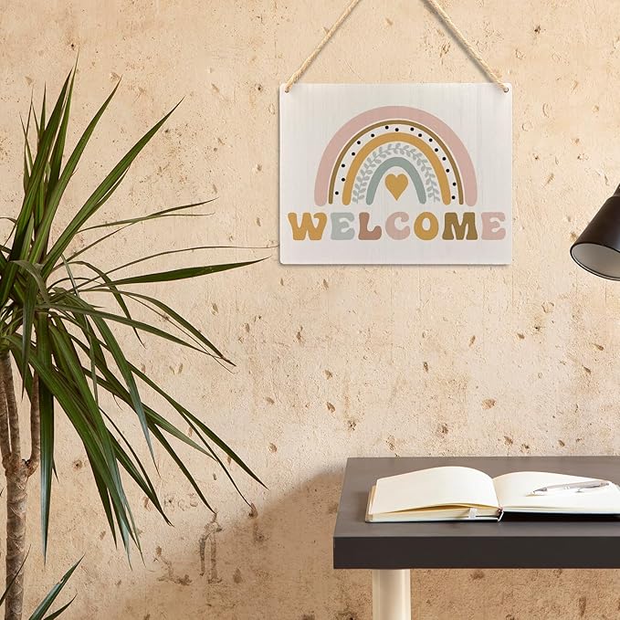 Ryeolo Boho Rainbow Welcome Wooden Plaque Sign for Classroom Wall Hanging, Door Decor, 10.2x7.8 Inches, 12X6