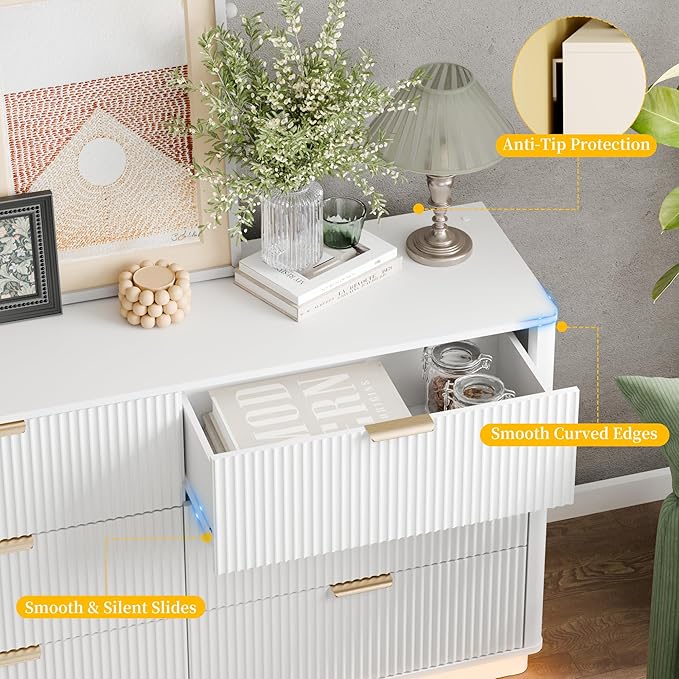 Fluted Dresser for Bedroom with 6 Drawers, 54" Wide Modern Chest of Drawers with Lighting, Wooden Dresser TV Stand with Curved Edges, Closet Organizer for Living Room, Hallway,White