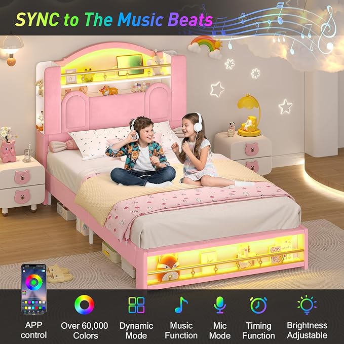 Twin Bed Frames with Storage Headboard,Twin Size Platform Bed for Girls/Kids,Velvet Upholstered Princess Bed Frame Twin,Charging Station&LED Lights,No Box Spring Needed/Noise-Free/Easy Assembly,Pink