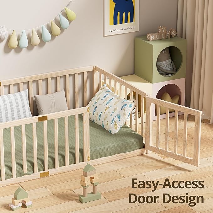 LLS Twin Size High Fence Floor Bed, Solid Wood Multifunctional Montessori Bed Frame with Door for Toddler Kids, Without Slats, Natural