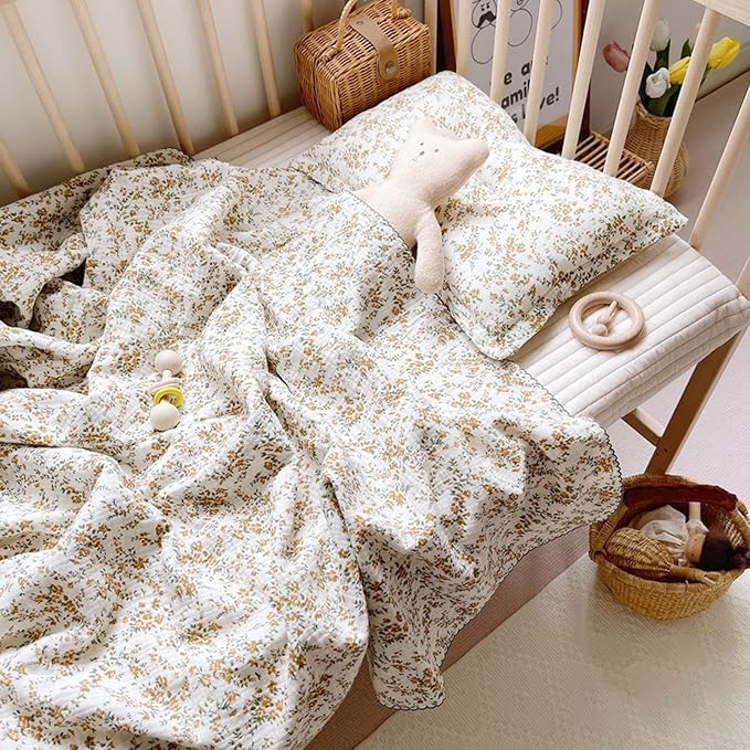 BuLuTu 4 Layer Toddler Blanket 100% Cotton Muslin Bed Blankets for Kids,Girls,Boys, with Cute Hibiscus Flowers Pattern Lightweight Thermal Baby Blanket, Super Soft Warm Crib Blanket, 47x51