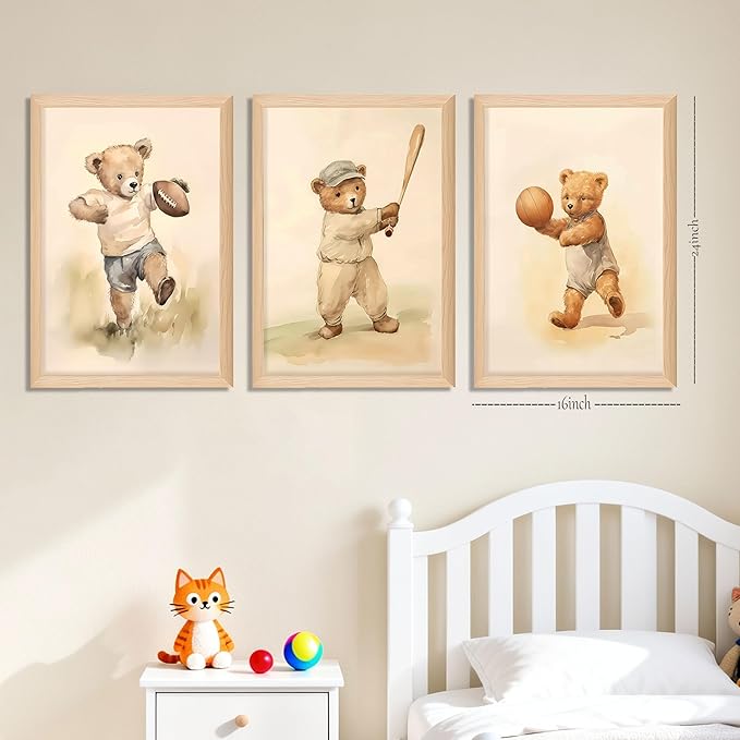 Framed Bear Wall Art Nursery Decor Set of 3, Cute Vintage Baby Bear Sports Pictures Wall Decor, Nursery Animal Poster Prints, Wild Animals Canvas for Children Bedroom Boy Room Decoration – 16x24 inch