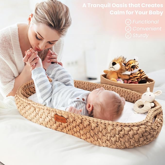 Handmade Baby Changing Basket Set with a Soft Changing Pad and Waterproof Cover,Diaper Organizer,Rattle Shaker, Moses Basket, Changing Table Topper for Dresser| Boho Bassinet, Handmade Crochet Basket
