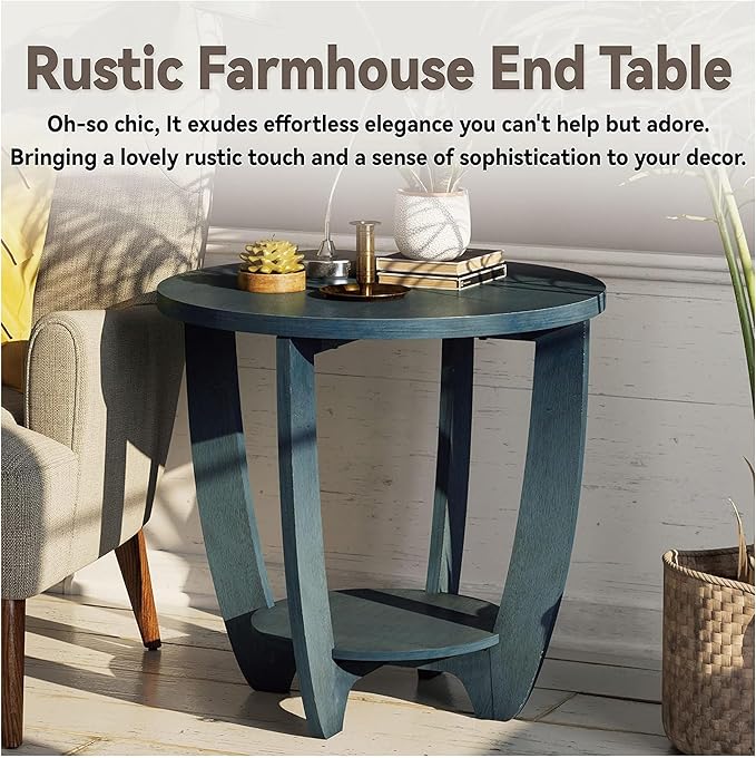 COZAYH Rustic Farmhouse End Table with Storage Shelf, French Country Modern Round Accent Side Table for Small Spaces, Vintage Blue Finish