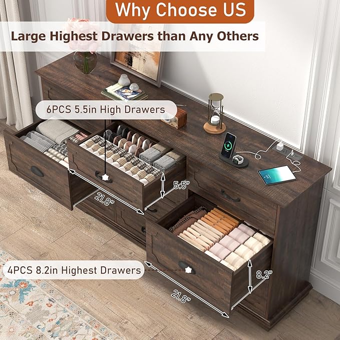 70inch Large Long Dresser w/Charging Station,10 Drawer Dresser w/Deep Big Drawers,Wooden Chest of Drawers w/Power Outlet,Brown Dressers for Bedroom,Living Room,Entryway