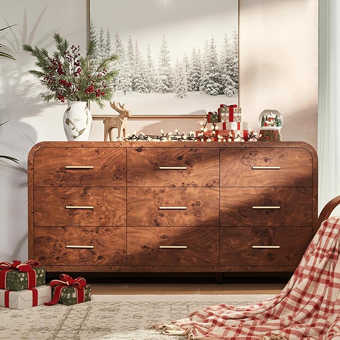 Curved 9-Drawer Dresser for Bedroom, 63" Wide Modern Chest of Drawers, Vanity Desk TV Stand for Living Room, Closet Storage Drawers Organizer Furniture, Nursery, Hallway, Dark Burl