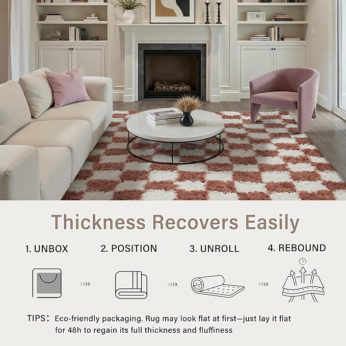 Checkered Rug 8x10 for Living Room, Rose Pink Modern Shag Rug Washable Non-Slip Large Area Rug Super Soft Indoor Fuzzy Carpet Fluffy Rugs for Bedroom Home Aesthetic Decor