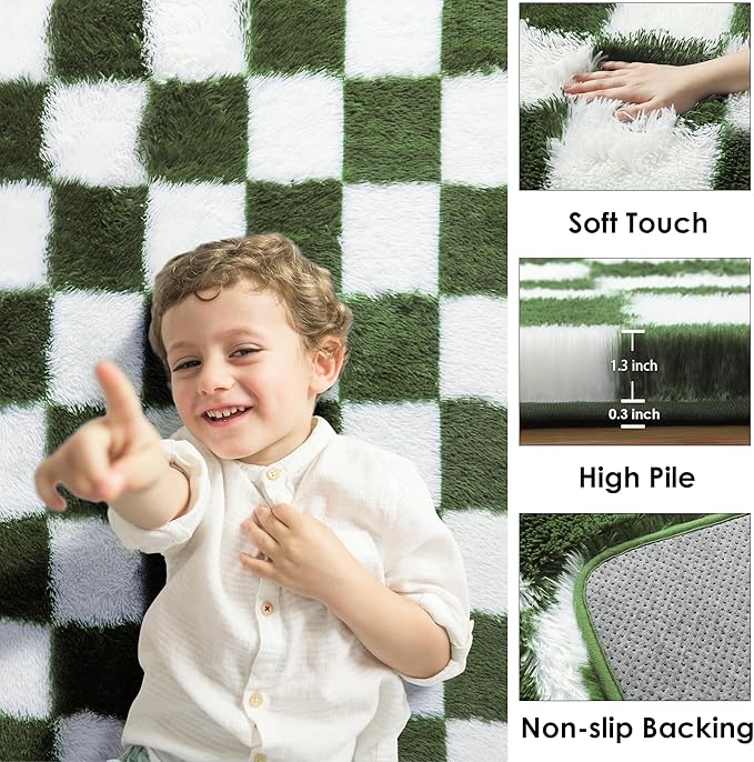 KICMOR Rugs for Living Room 5x8 Olive Green and White, Large Fluffy Soft Plush Checkered Area Rug Big Fuzzy Shag Shaggy Carpet for Bedroom, Indoor Floor Rug for Nursery Kids Childrens Toddler Room