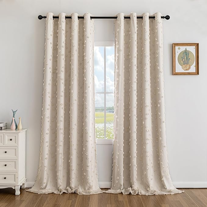 MYSKY HOME 100% Blackout Curtains for Girls Bedroom 95 Inch Long Total Room Darkening Curtain for Living Room 2 Panels Grommet Light Blocking Sliding Door Drapes Beige Pom Pom Sheer 52 x 95 Inch