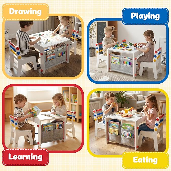 Kids Table and Chair Set 4-in-1 with Storage, Wooden Activity Table for Crafts, Arts, Drawing, Reading, Toddler Furniture for Playroom, Nursery, Gift for Boys & Girls (Age 3+)