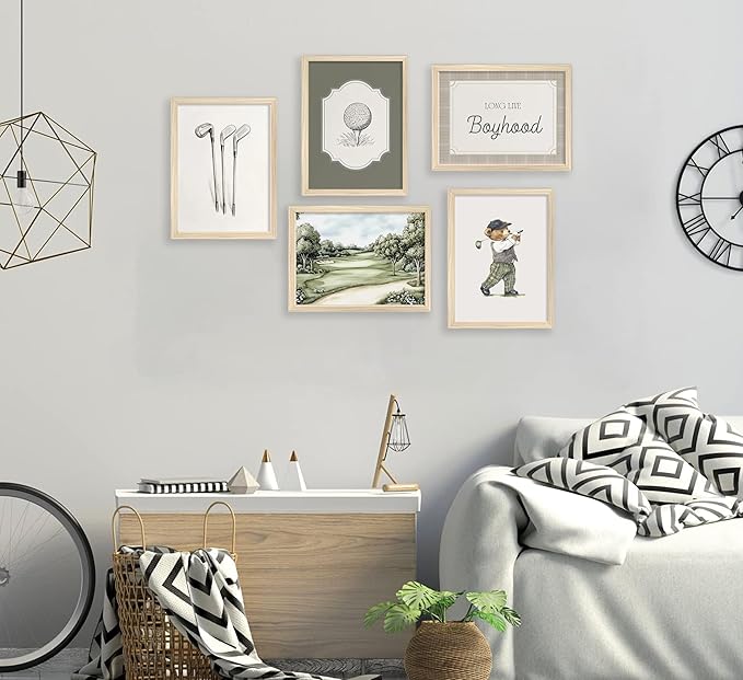 Vintage Golf Nursery Wall Art Retro Sport Kids Room Canvas Wall Decor Teddy Bear Pictures Sage Green Antique Posters Baby Animal Painting Print Artwork for Baby Boy Girl Room Playroom, Unframed