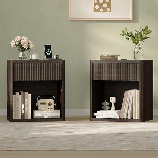 Fluted Nightstand Set of 2 with Charging Station, 21.7" Wide Modern Bedside Table with 1 Drawers Open Storage Cabinet, Wooden End Table for Bedroom,Walnut