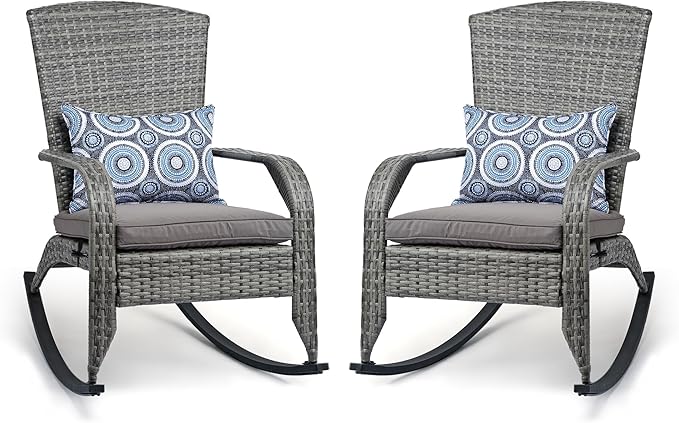 Outdoor Rocking Chair Set of 2- Patio Rocking Chairs with Cushions and Steel Frame- All Weather Outdoor Rocker Chair with 2 Replaceable Cushion Covers (Blue & Grey), 320lbs