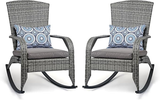 Outdoor Rocking Chair Set of 2- Patio Rocking Chairs with Cushions and Steel Frame- All Weather Outdoor Rocker Chair with 2 Replaceable Cushion Covers (Blue & Grey), 320lbs